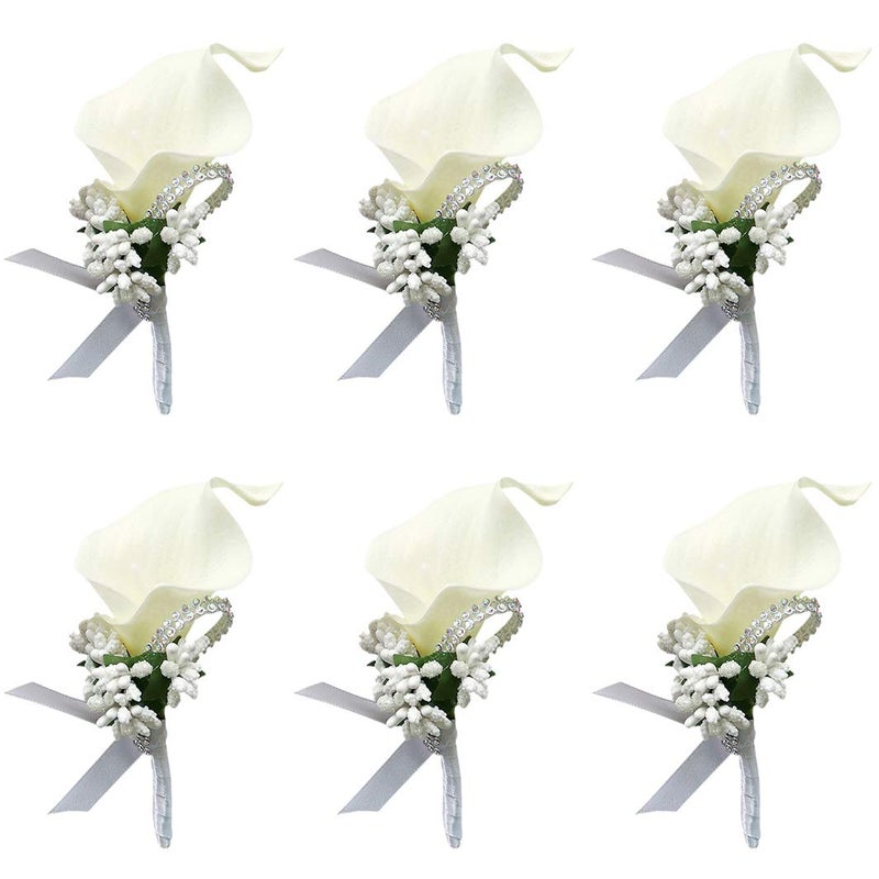 ChezMax Calla Lily White Boutonniere Handmade Silk Flower with Ribbon Corsage for Bride Groom Wedding Party 6 Packs - Image 1